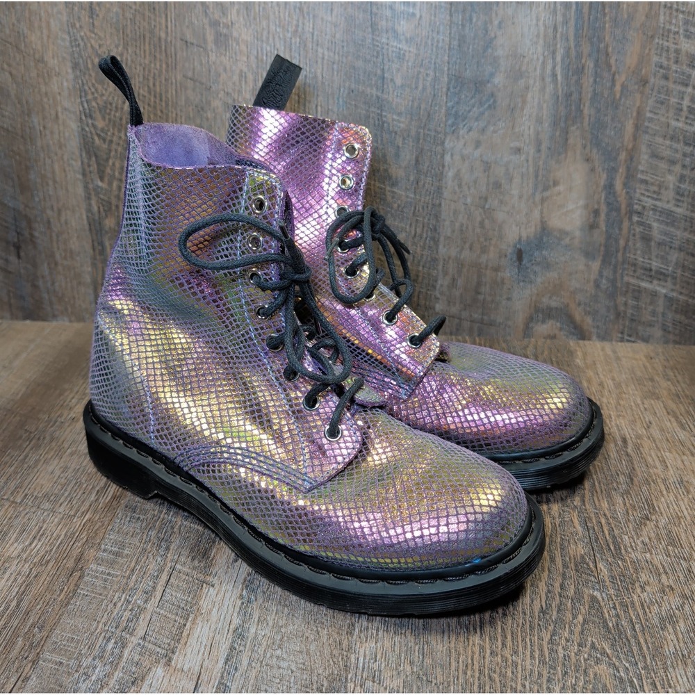 Dr. Martens Women's 1460 Pascal Iridescent Texture Snake Print Boots US 10 Pink - Picture 1 of 12